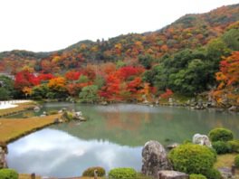 嵐山・亀山・小倉山を借景とした曹源池庭園