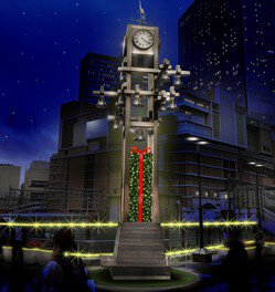 太陽の広場では、ボタニカル調のガーランドで象ったプレゼント調のボタニカルタワーが時計台の中に登場